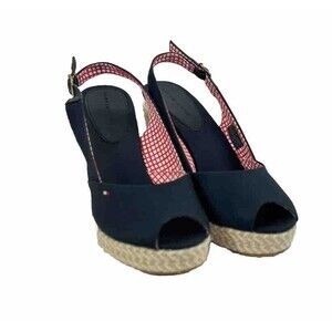Tommy Hilfiger Espadrille Blue Women's Size 9 Sling Back Hi Wedge Sandal Heels